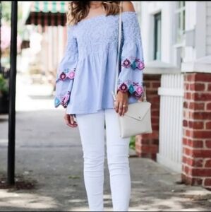 Ann Taylor‎ Loft Off Shoulder Embroidered Sleeves Stretch Top Blue White Striped